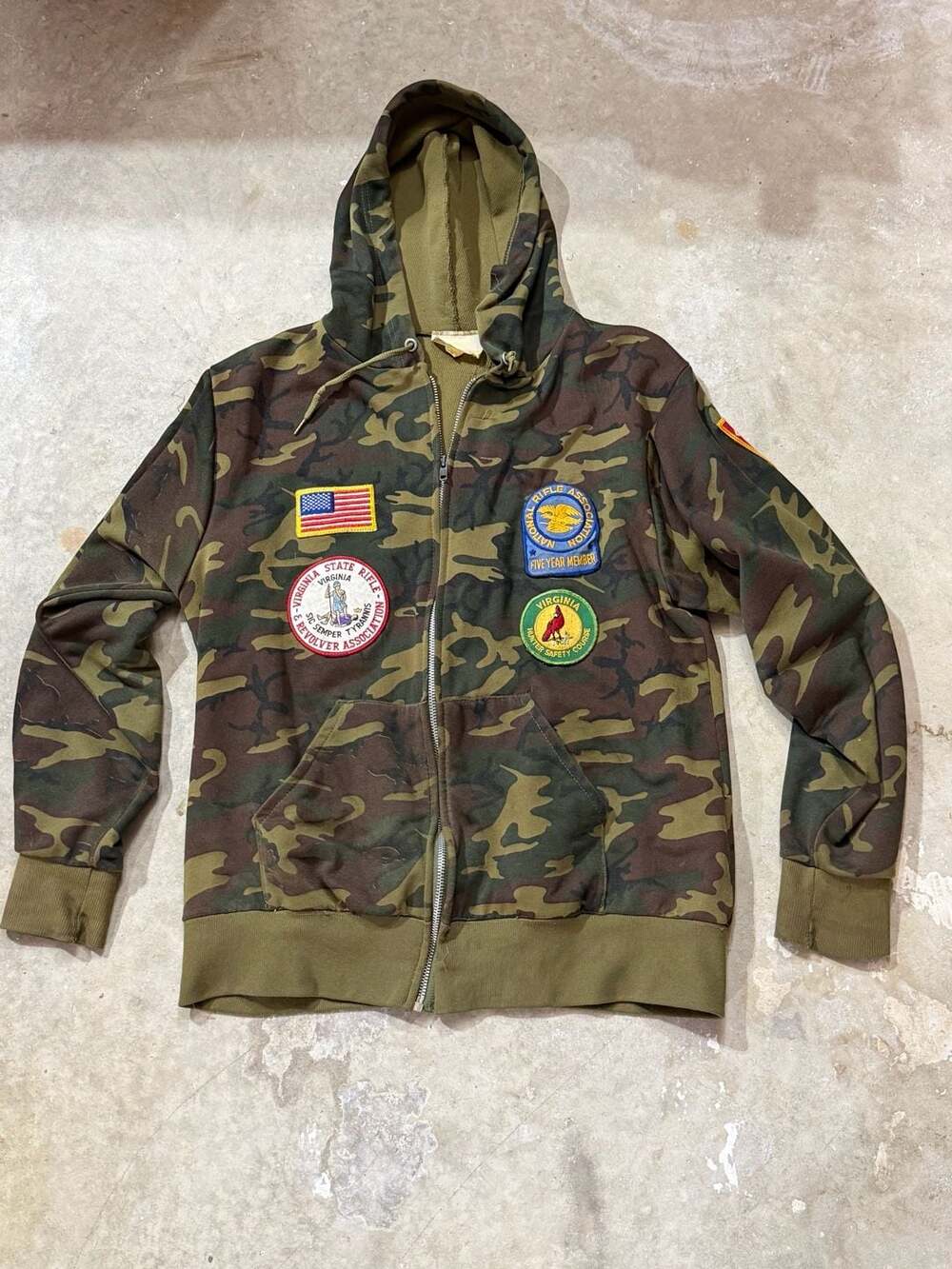 Vintage Camouflage Zip Up Hoodie With Hunting And NRA Patches